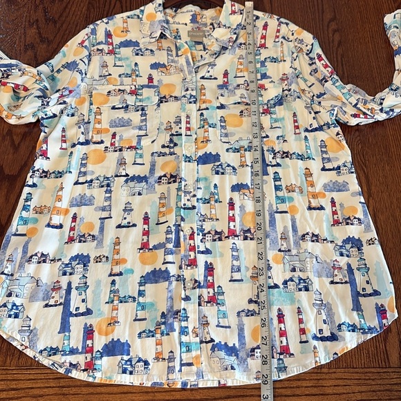 Chico's lighthouse motif button down modal blend shirt long sleeves pockets Lrg - Picture 13 of 14